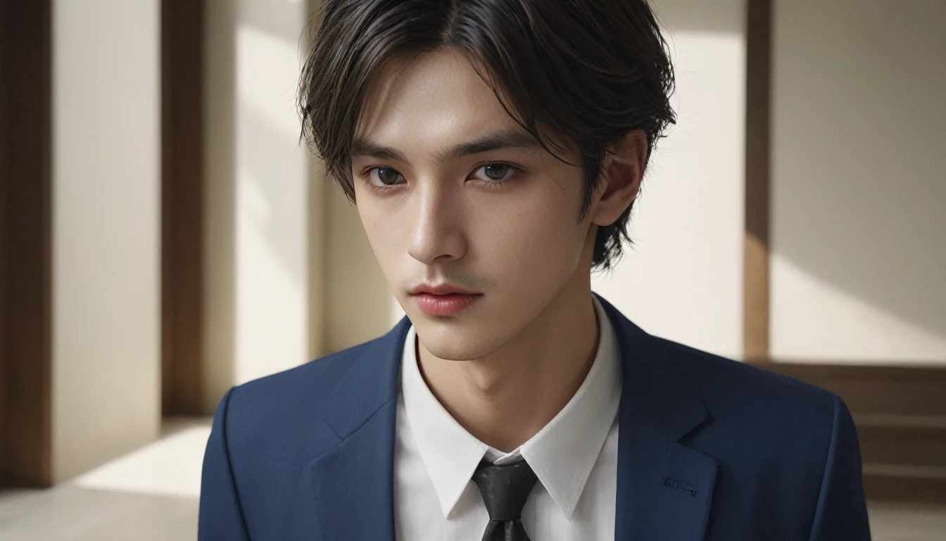 An absurd solution, High resolution, (masterpiece: 1.4), Super detailed, Young man's short, messy black hair, Welders dressing up, High-tech workbench in factory, Tech Sense Screen