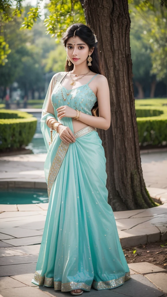 a beautiful young indian women,24 year old,wearing disney princess dress,beautiful natural face,beautiful eyes,beautiful nose, beautiful natural skin,bracelet in the hand,earring,pendant,full body image,elegant pose,8k resolution,park background,realistic