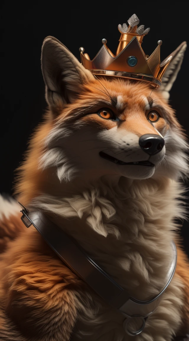 (better quality,16K,32k,highres,master piece:1.2),ultra detali,(realistic,fotorrealistic,photo-realistic:1.37),(an orange and white fox) looking at the viewer seductive expression with cute face a realistic background bright orange eye A cunning villain pose with (shiny crown) expression of serious courageous and confident and cunning