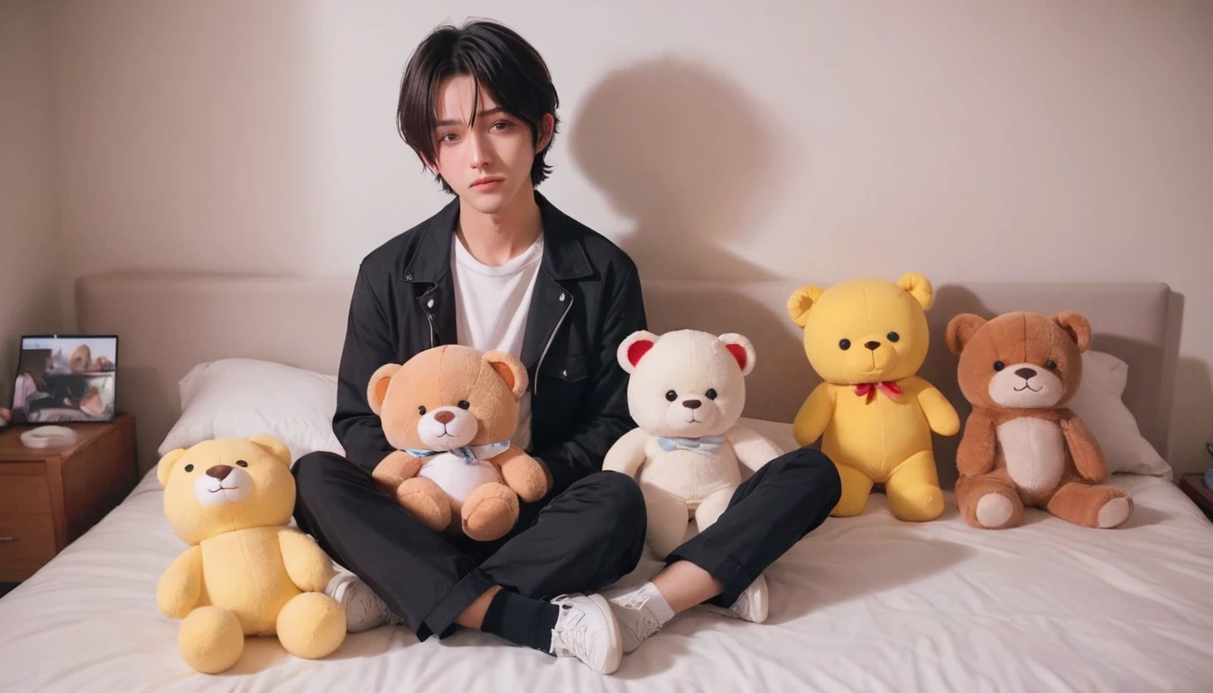 A man in his fifties sitting on his bed with a stuffed toy, Low quality video, Brady of the Drain Gang, 1. The thin face of a 7-year-old boy, Grainy image, Tommy 1 6 years old, Instagram Stories, Tawan Duchanee, Low quality video, Taehyung eating Gucci fries, Giga Chad is crying, Luan Cute Vtuber