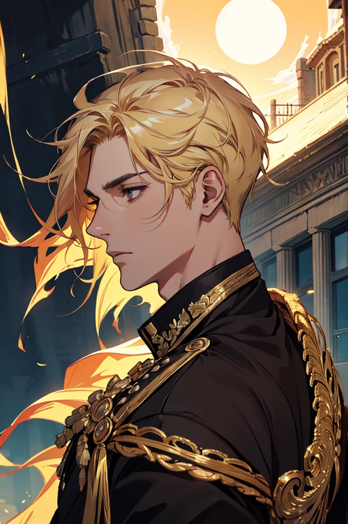 absurdres, highres, ultra detailed), 1 male, adult, handsome, tall muscular guy, broad shoulders, finely detailed eyes and detailed face, fantasy, dark theme, cinematic lighting, colorful, portrait, greco-roman, cloudy sky, building, sun, light, close up,side profile, blonde hair, golden hair, golden flames, white and red uniform, short hair, standing in front of sun