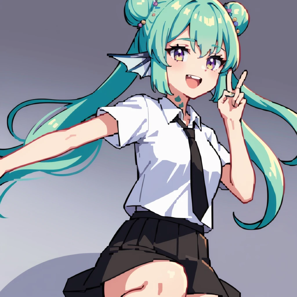 1girl,20 years old,solo,long hair,white hair,finana,twintails,double bun,((white shirt,short sleeves,black standart tie,black skirt)),smile,open mouth,peace_sign