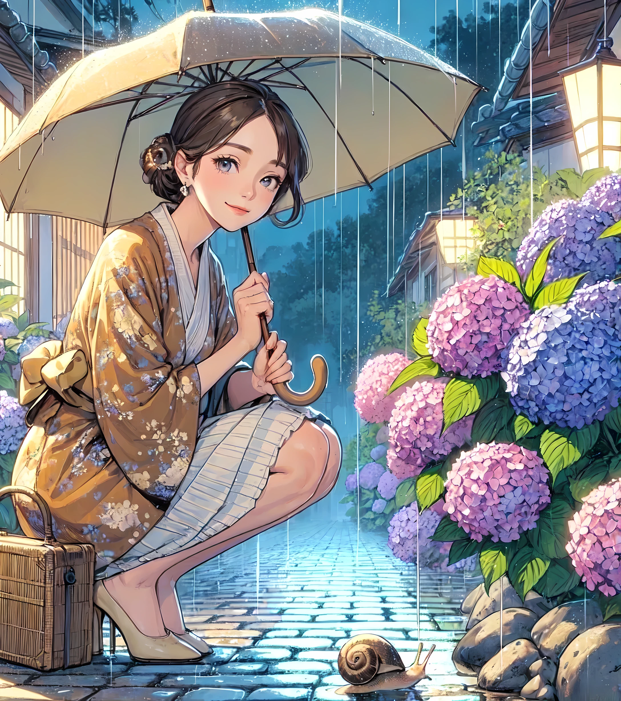 1lady solo, from side, squatting, stylish outfit (calm attire), (mature female:0.8), /(gray brown hair/) bangs, kind smile, (masterpiece best quality:1.2) delicate illustration ultra-detailed, medium breasts BREAK (holding umbrella) BREAK (snail on leaf:1.1) BREAK (quiet residential area) outdoors, street, (rainy:1.1), ((hydrangea) blooming along roadside), cobblestone, detailed background