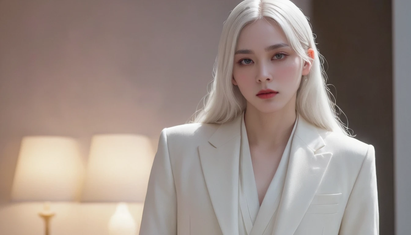 masterpiece, Highest quality, (alone focus), (Perfect Face:1.1), (High detail:1.1),dramatic, 1 person, (Pale skin), Long white hair, White eyes, [Thin eyebrows], alone, Venetian Mask, White luxury suit, Covered navel, Pouting, Covered, Ballroom, Detailed Background, art：artgerm と greg rutkowski,  Cinema Lighting, rose