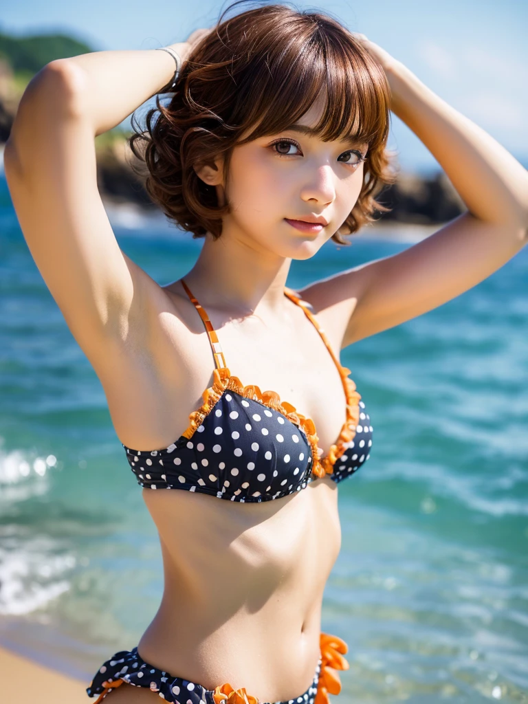 Fantastic atmosphere、Highly detailed CG Unity 8k wallpaper, of the highest quality, ultra-detailliert, masutepiece, Realistic, photographrealistic, extremely detailed cute girl, sixteen years old, Young Face、Brown eyes、Round eyes, the viewer, Orange makeup, Curly Bob Cut Hair、thick bangs、Upper body , Armpit , Beautiful seaside landscape in the background、Polka dot bikini、 out of focus、Blurring、