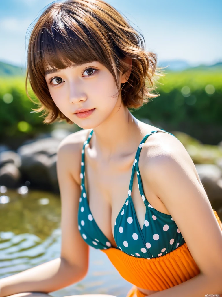 Fantastic atmosphere、Highly detailed CG Unity 8k wallpaper, of the highest quality, ultra-detailliert, masutepiece, Realistic, photographrealistic, extremely detailed cute girl, sixteen years old, Young Face、Brown eyes、Round eyes, the viewer,  Orange makeup, Curly Bob Cut Hair、thick bangs、Upper body , Armpit , Beautiful seaside landscape in the background、Polka dot bikini、 out of focus、Blurring、