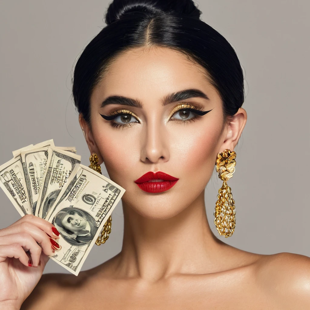 white woman, side whiskers, big nose, makeup, black hair tied back, , thick and well-groomed, black eyes, seductive and proud look, large golden earrings, holds dollar bills