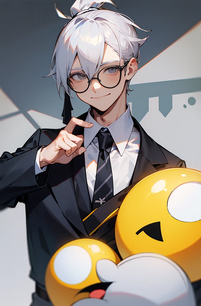 White ponytail, gray eyes, dark glasses, gray school shirt, tie, male, has a smiley face.