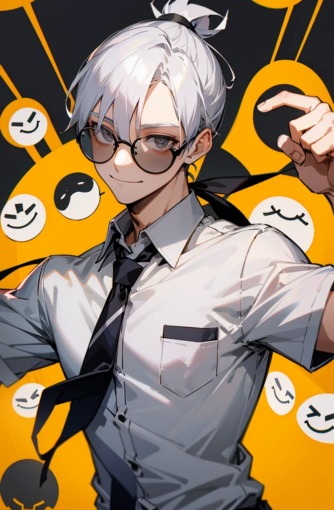 White ponytail, gray eyes, dark glasses, gray school shirt, tie, male, has a smiley face.