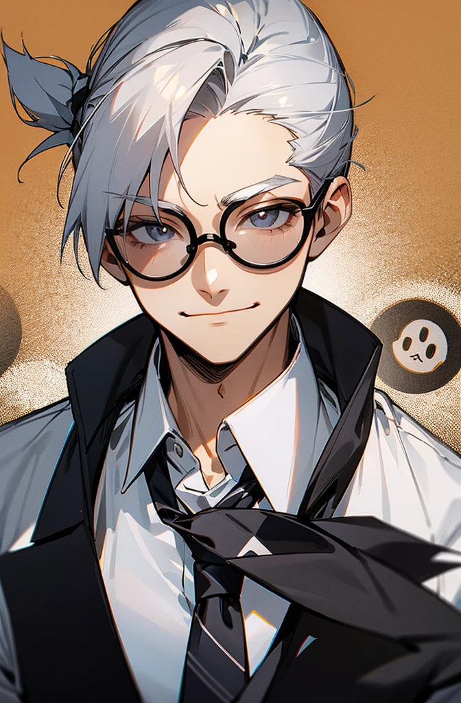 White ponytail, gray eyes, dark glasses, gray school shirt, tie, male, has a smiley face.