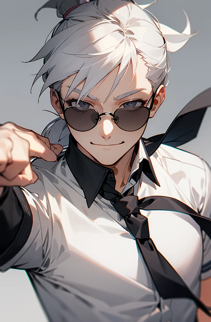 White ponytail, gray eyes, dark glasses, gray school shirt, tie, male, has a smiley face.