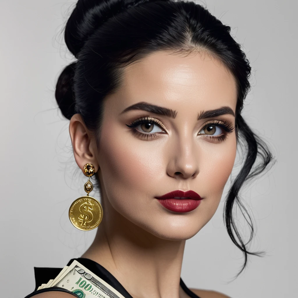 white woman, side whiskers, big nose, makeup, black hair tied back, , thick and well-groomed, black eyes, seductive and proud look, large golden earrings, holds dollar bills