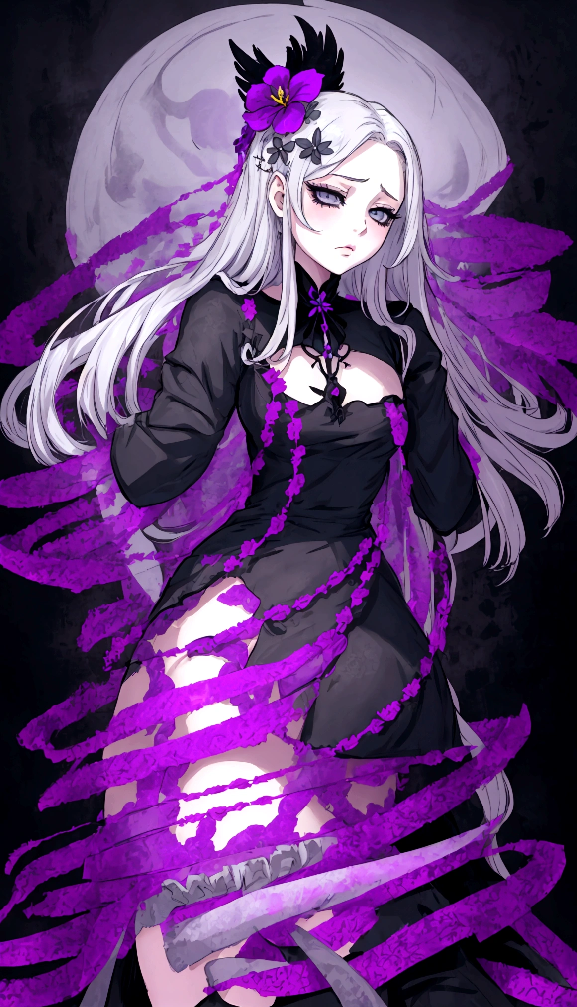 A beautiful anime-style girl with long hair and a purple flower、Face of Sadness、Sad beautiful girl、A beautiful girl with a well-balanced and glamorous body、A beautiful immoral girl in a provocative black and grey dress、Full Body Shot、Crow、Undead、fog、mystery、graveyard of darkness。