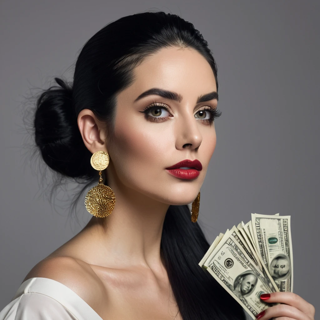 white woman, side whiskers beard, big nose, makeup, black hair tied back, , thick and well-groomed, black eyes, seductive and proud look, large golden earrings, holds dollar bills