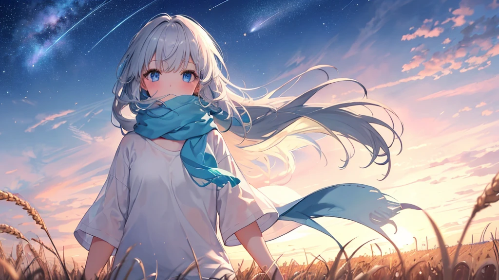 masterpiece, Highest quality, Very accurate, Full HD, Field, 1 Girl, Long Hair, Gray Hair, bangs, (Light blue eyes), Wearing an oversized white T-shirt, Floating shirt, Floating Hair, Blue scarf, In the wheat field, sunset , Gradient Sky, shooting star, Milky Way