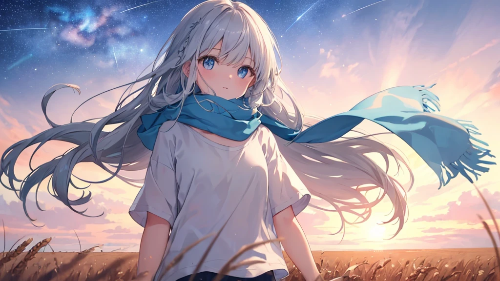 masterpiece, Highest quality, Very accurate, Full HD, Field, 1 Girl, Long Hair, Gray Hair, bangs, (Light blue eyes), Wearing an oversized white T-shirt, Floating shirt, Floating Hair, Blue scarf, In the wheat field, sunset , Gradient Sky, shooting star, Milky Way