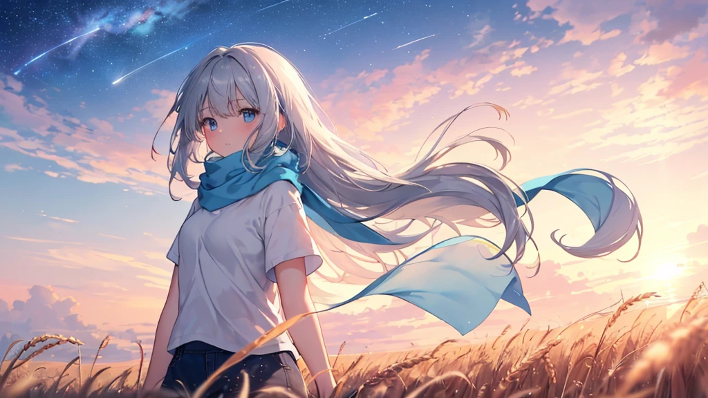 masterpiece, Highest quality, Very accurate, Full HD, Field, 1 Girl, Long Hair, Gray Hair, bangs, (Light blue eyes), Wearing an oversized white T-shirt, Floating shirt, Floating Hair, Blue scarf, In the wheat field, sunset , Gradient Sky, shooting star, Milky Way