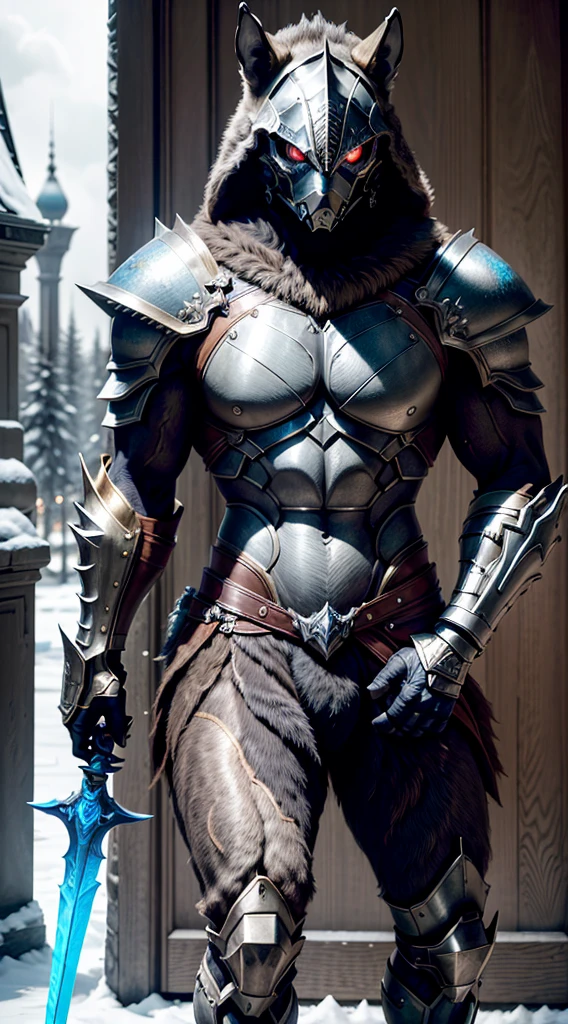 CRIAR lobisomem, armadura de adamantium que gera uma aura de raios, double-bladed sword of crystalline ice and blue fire, lutando no coliseu. Epic Realism, realistic , photo, fashion, poster, cinematicv0.2, photo