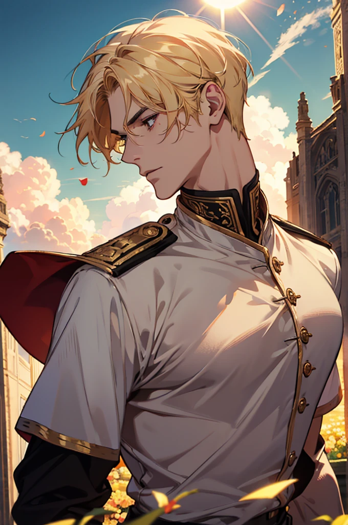 absurdres, highres, ultra detailed), 1 male, adult, handsome, tall muscular guy, broad shoulders, finely detailed eyes and detailed face, fantasy, dark theme, cinematic lighting, colorful, portrait, flying petal, Flowery meadow, cloudy sky, building, sun, light, close up,side profile, blonde hair, golden hair, golden flames, white and red uniform, short hair, standing in front of sun