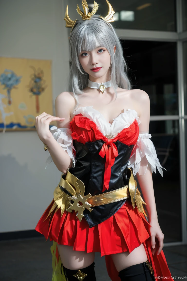 Noelle, genshin impact, mondstadt, female, middle age, silver hair, friendly smiling, white stocking covers all leg, calm face, more busty, white top covers stomach, priest hat, green eyes, chubby cheek