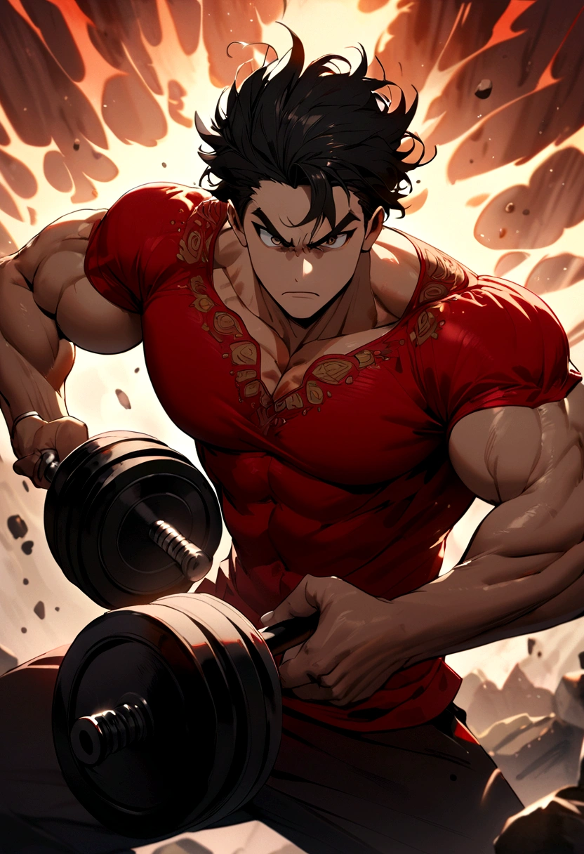 an angry muscular boy with short black hair in a red shirt with a dumbbell in his hand