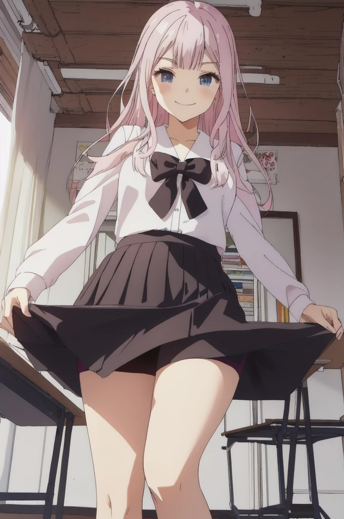 Pink Hair、Medium Hair、Smirking face、Grinning、wearing shorts under the skirt、Black Skirt、Short spats、School classroom