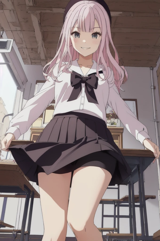 Pink Hair、Medium Hair、Smirking face、Grinning、wearing shorts under the skirt、Black Skirt、Short spats、School classroom