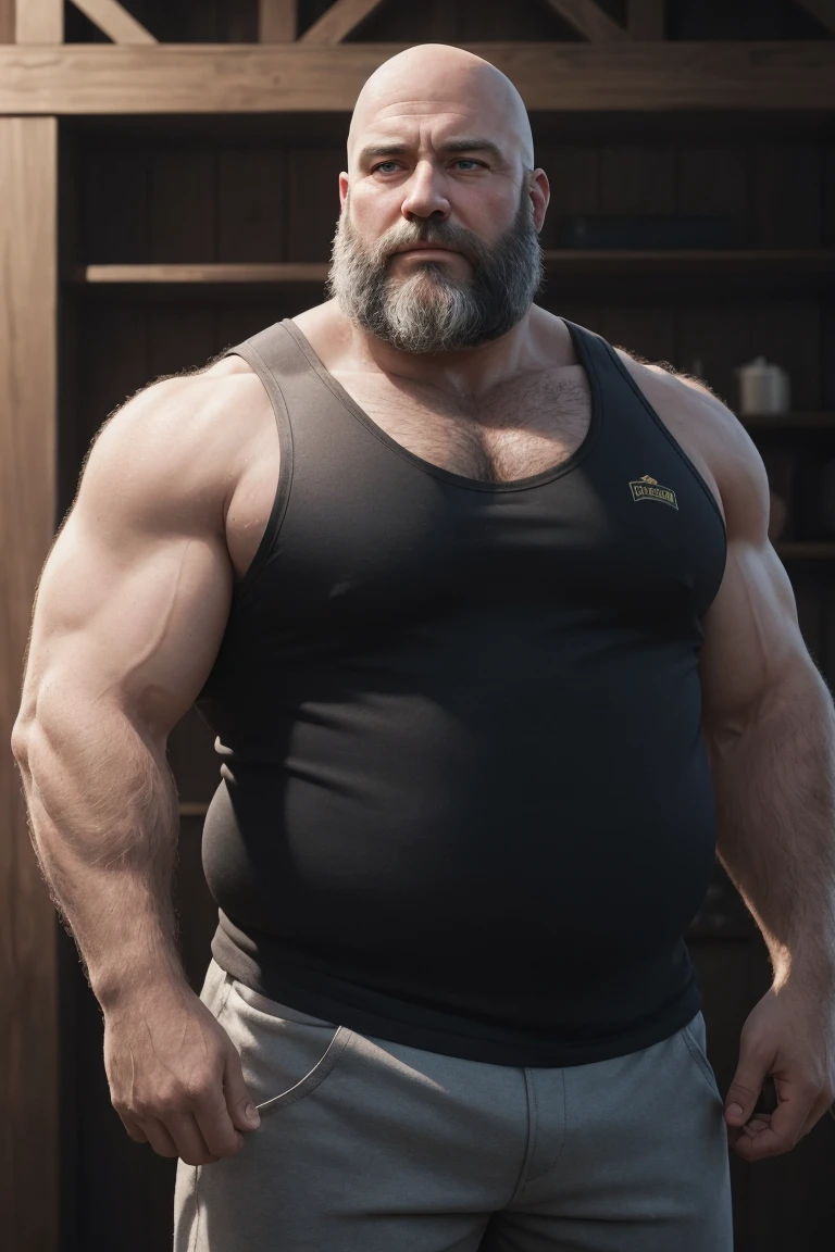 8K resolution very realistic An award-winning original photo，8K Very Realistic Accurate Bearded Big Bald Middle Aged Manly Chubby Fat Muscular Beefy Burly big belly hairy daddy bear man,( wearing an accurate shorts ),( wearing an accurate Black Singlet Cotton Vests Training Tank Top ),( 8K Very realistic Accurate shoulders), 8K very realistic accurate detailed shoulders, 8K Very Realistic Accurately detailed bearded big bald middle aged daddy bear big belly chubby muscular manly burly beefy hairy daddy bear man, 8K very realistic accurate beard, 8K very realistic accurate detailed beard, 8K very realistic accurate body hair, 8K very realistic accurate detailed body hair, 8K very realistic accurate mens clothing,8K very realistic accurate detailed mens clothing,( 8K Realistic Detailed face:1.3),8K very realistic accurate arms,8K very realistic accurate detailed arms, 8K very realistic accurate hands, 8K very realistic accurate detailed hands, 8K very realistic accurate elbows, 8K very realistic accurate fingers, 8K very realistic accurate detailed fingers, 8K very realistic accurate wrist, 8K very realistic accurate chest, 8K very realistic accurate burly belly, 8K very realistic accurate detailed burly belly, very realistic accurate detailed chest, 8K very realistic accurate pecs, 8K very realistic accurate pecs, 8K very realistic accurate thick neck, 8K very realistic accurate neck, 8K very realistic accurate detailed neck, 8K very realistic accurate detailed neck lines,8K very realistic accurate lips,8K very realistic accurate lips,8K very realistic accurate eyes,8K very realistic accurate detailed eyes, 8K very realistic accurate big burly body, 8K very realistic accurate detailed big burly body, volumetric lighting,( 8K Very High Best quality,8K A Very high resolution, 8K Very Photorealistic),8K very realistic accurate Intricate details,very accurate daddy bear photoshoot, 8k High hdr,8K Very Realistic upper body shot, 8k very realistic detailed upper body shot