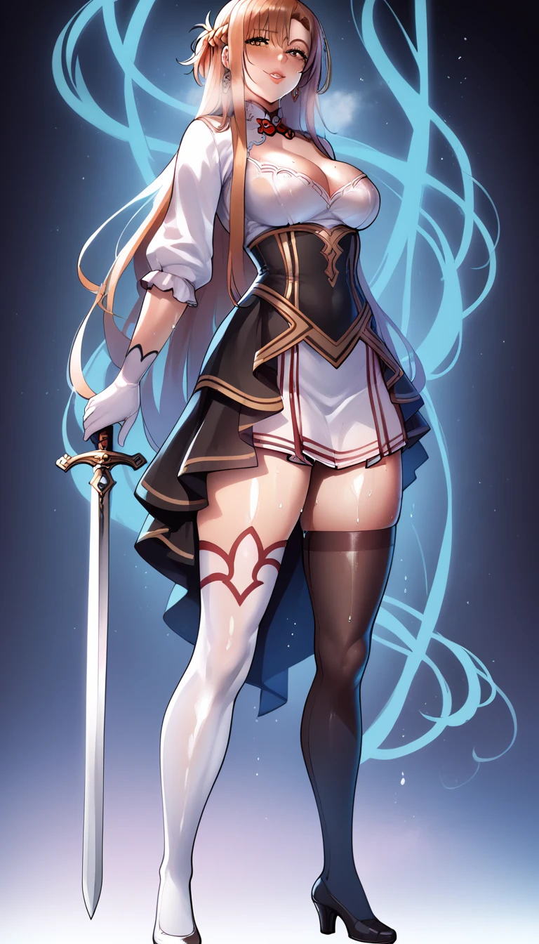 (((Best Quality))) , ((full body)), female, character design, solo, (white background), holding staff, standing pose, bustier, 