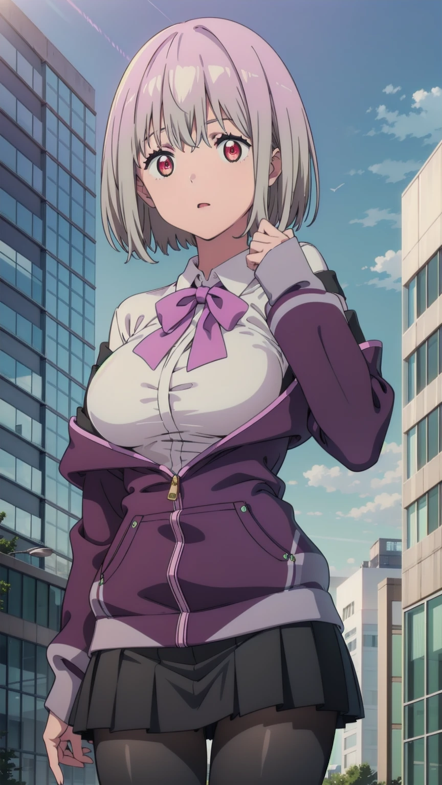 masterpiece, best quality, highres, aaakane, short hair, red eyes, large breasts, purple bowtie, collared shirt, white shirt, off shoulder, purple jacket, partially unzipped, long sleeves, sleeves past wrists, pleated skirt, black skirt, pantyhose, cowboy shot, standing, sky,