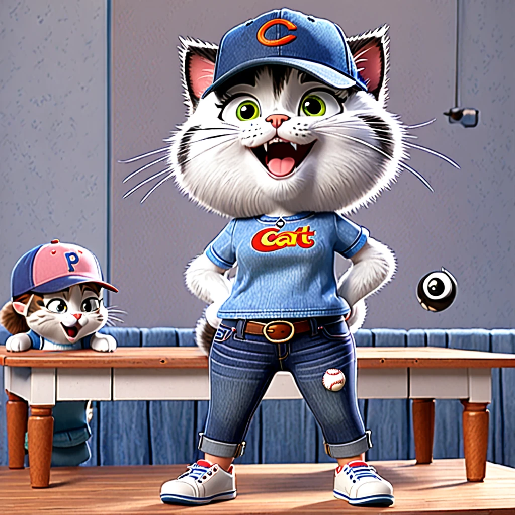 A plot from a cartoon in 3D pixar style, a fluffy cat is sitting on the table, a cheerful girl in wide jeans and a baseball cap is standing next to her, the girl looks slyly at the cat, the girl has one eye closed, winking gesture, (the girl half-winks):1.5, the girl has 1 eye (closed):1 5