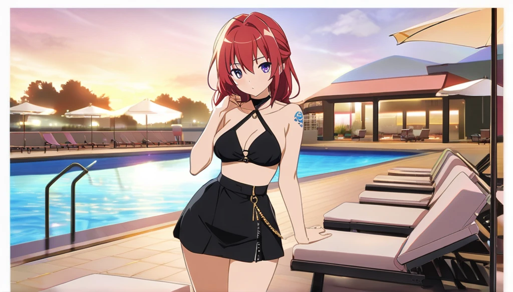 ((Anime Infinite Stratos nfsw Art)), The theme is pool party.  It's daytime.  The setting is a pool club, there are several pools, several people(multiple:1.1) in swimwear nearby, some slides, some pool chairs, some food stores nearby.  The focus of the scene is an 18-year-old girl, short stature(150cm), wavy red hair(long:1.6), beautiful and slightly rounded face, purple eyes(bright:1.9), white redhead skin with tribal tattoos(large:1.3) on her body, , medium breasts, thin waist, nice hips(large:1.2), fat and round ass(large:1.2), fat and round thighs, wears a bikini(short:1.5) pink thong emphasizing the ass, seductive behavior, walking around the scene showing off his body, fullbody vision(far:1.1), makes the men on the scene crazy with lust.  The atmosphere is fun.  Everyone has fun.