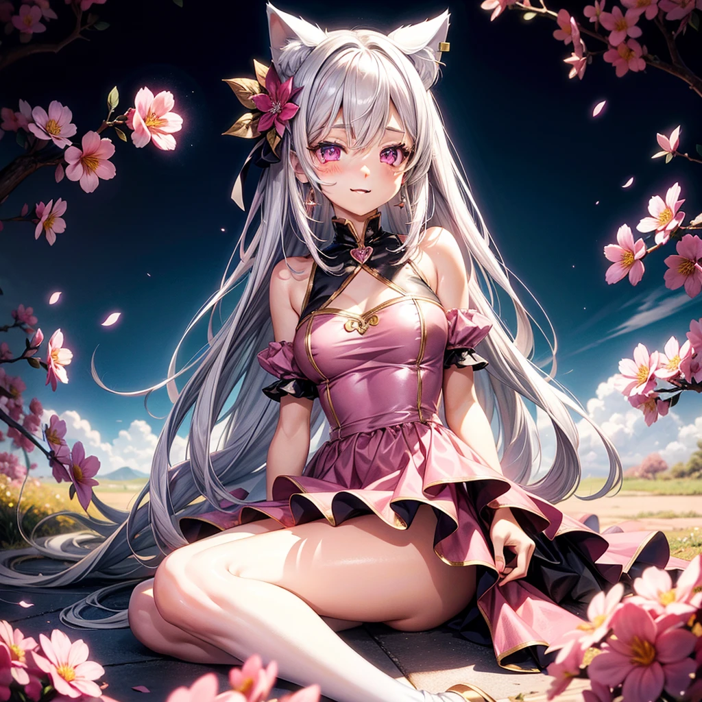 Silver hair, pink eyes, body, cat ears, sexy girl, earrings, flower sky background, pink gold uniform, hair bows, lay down, happy face, full body