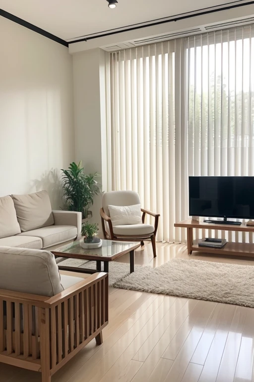 highest quality、8K、Perfect Face、Perfect Style、perfect body、model、Sunburn、beautiful lady、mature、long curly layer brown hair、Swept-back hair、full body, sexy 、charming、healthy、smile、
BREAK modern apartment interior, warm minimalist style, hardwood flooring with natural grain, white ceiling with recessed lighting, walls finished with soft textured plaster, a long wooden TV console in natural tones, multiple indoor plants providing natural accents, a plush area rug adding warmth, restrained decor for a spacious feel, a stylish floor lamp, ambiance of cozy sophistication, natural daylight filtering through vertical blinds, diagonal angle shot capturing the depth and layout of the room, large flat-screen TV as a focal point, comfortable seating including a wooden armchair and soft couch visible in the foreground, pet-friendly touches, sense of depth emphasized by the angled perspective showcasing the room's spaciousness and flow