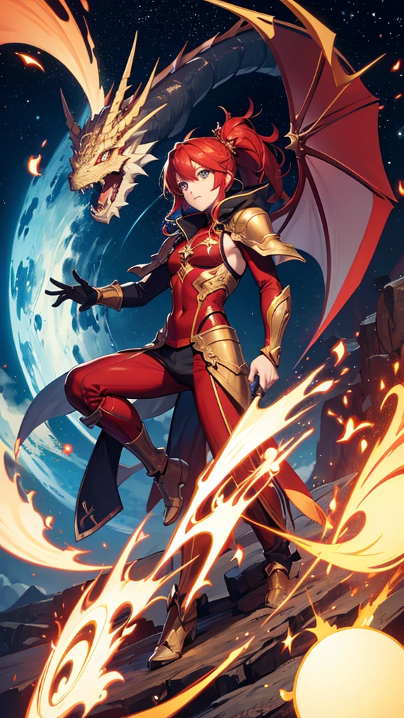with a dragon appearance and red hair, and star details , whole body