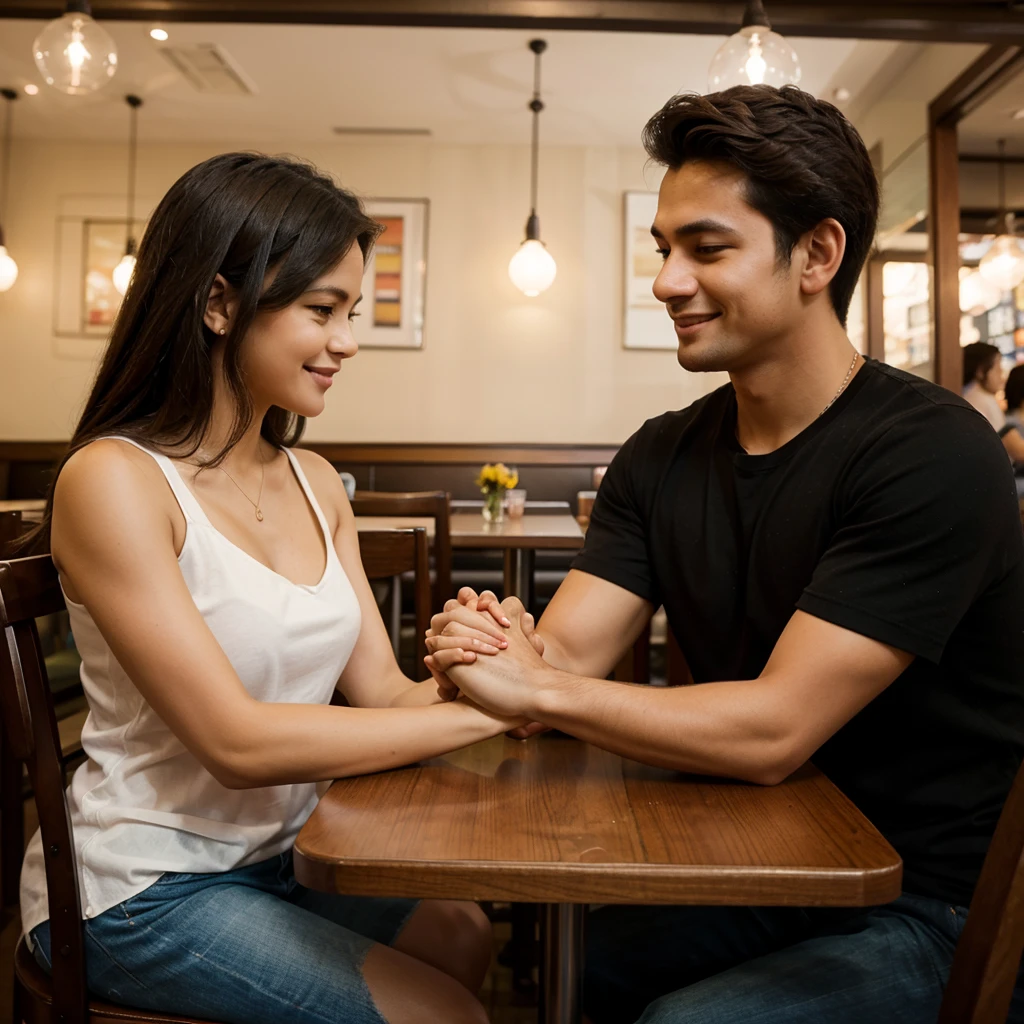 couple in love holding hands while sitting at a restaurant, restaurant vibe and background