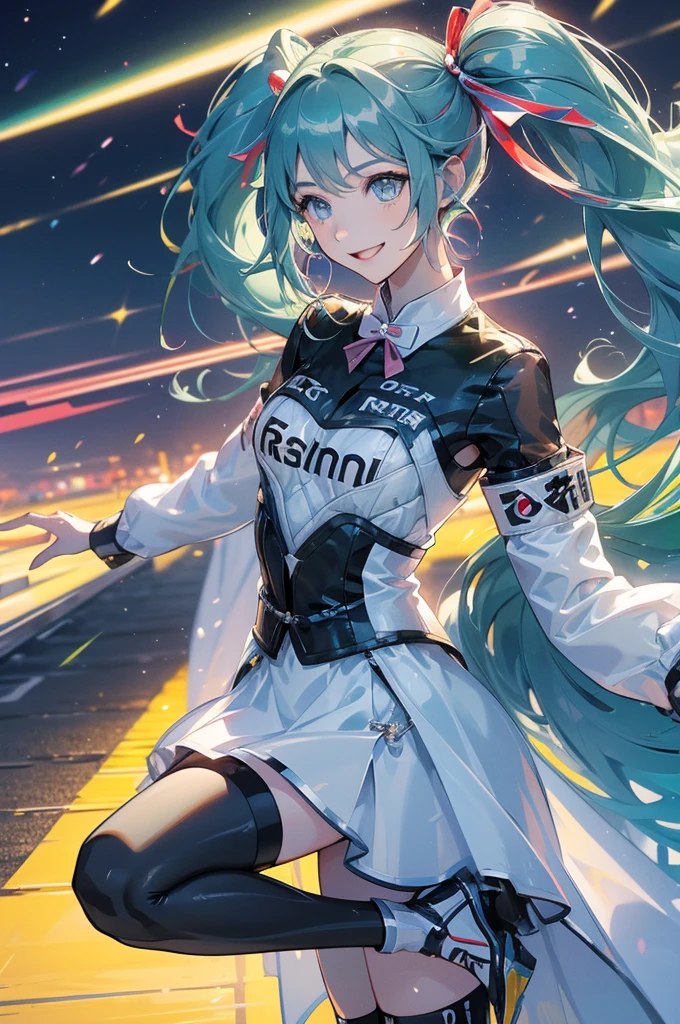 ((Racing Car))(((Nissan GT-R)))、Highest quality, masterpiece, Ultra-high resolution, (Realistic:1.2)1woman(((Race Queen)))、(Highest quality)、((Smiling with teeth showing))、sunlight、Hot summer day、、((circuit))、hatsune miku、((Shiny, Colorful and flashy leotards))、High Leg、Brown Skin、smile、Sunburn、 tattoo、((Light blue hair))、Long twin tails、((Jump energetically))((Highest quality)).4K