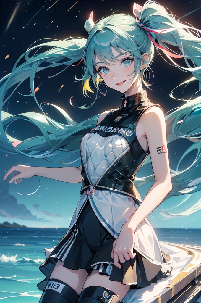 ((Racing Car))(((Nissan GT-R)))、Highest quality, masterpiece, Ultra-high resolution, (Realistic:1.2)1woman(((Race Queen)))、(Highest quality)、((Smiling with teeth showing))、sunlight、Hot summer day、、((circuit))、hatsune miku、((Shiny, Colorful and flashy leotards))、High Leg、Brown Skin、smile、Sunburn、 tattoo、((Light blue hair))、Long twin tails、((Jump energetically))((Highest quality)).4K