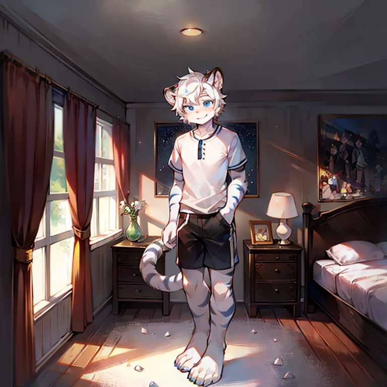 teenager, Short white hair, ear, Lower Body, bedroom,Standing on the ground,hairy, White hair everywhere, White hair everywhere, White Tiger, Tiger Tail, masterpiece, High quality portrait, Humanoid, youth style, posture, panoramic, White Tiger型, Green short sleeves, Black shorts, super Handsome face, Handsome, Tiger Youth, blue eyes, White Tiger, white ear, barefoot
