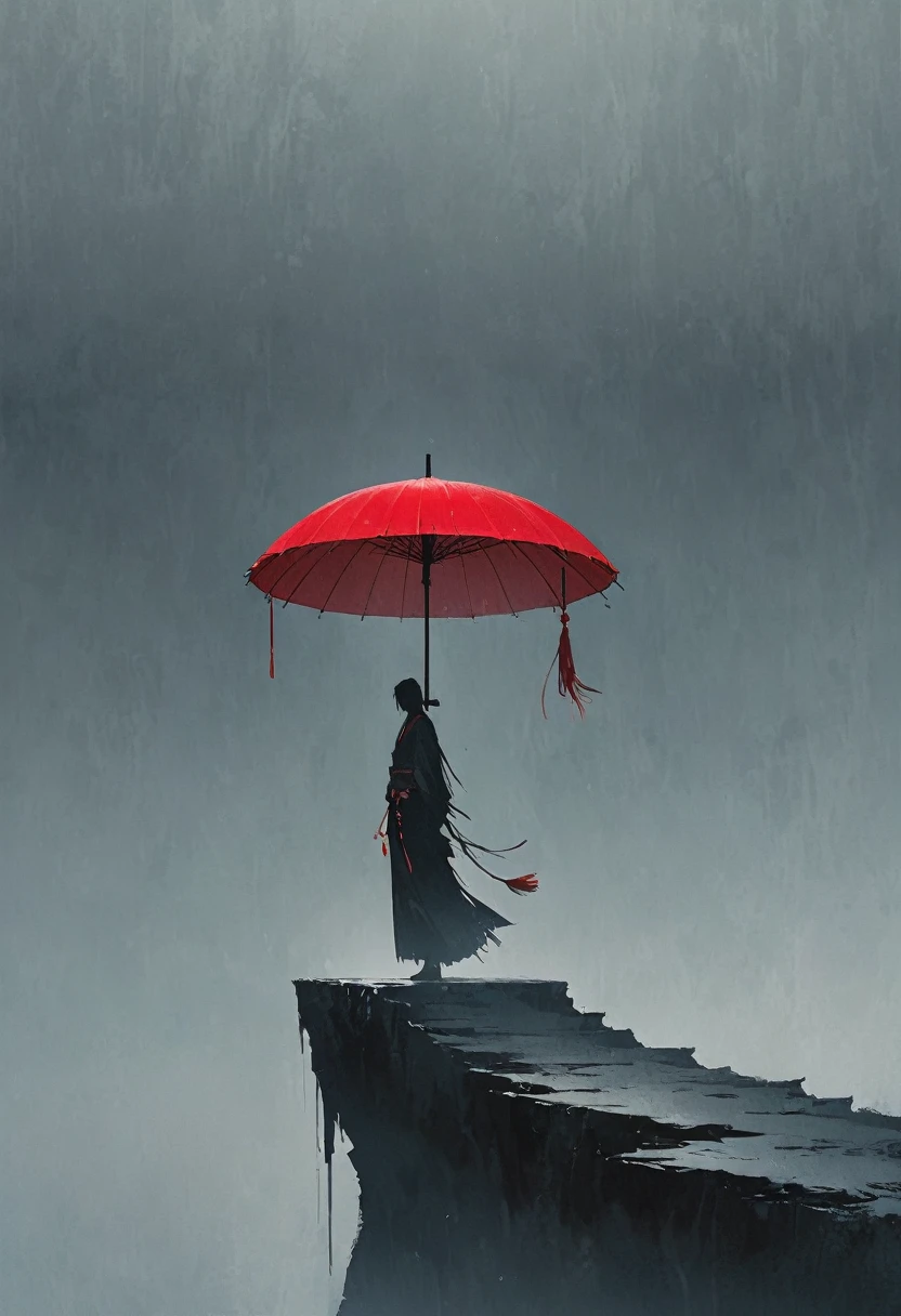 a simple,minimalist illustration, 1 red umbrella suspended in the air,tassels on the umbrella,solitary figure,on a cliff edge,bridge,雨
