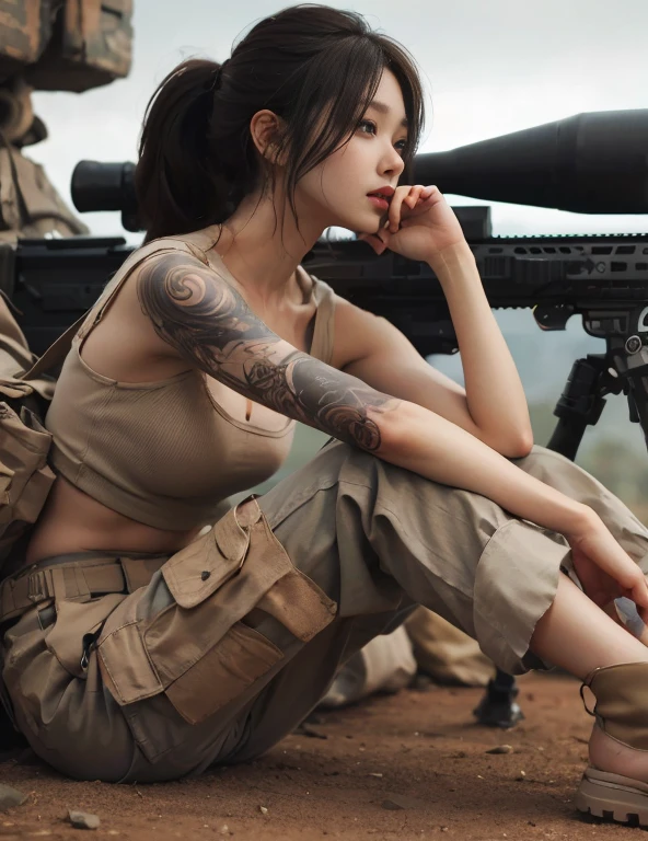 （Modify hair only、Face）Reddish brown hair，Long curly hair，High Ponytail，Red headdress，Red Eyess，Red Eyes，Exquisite eyes，Bright Eyes，Automatic Rifle，Finger Natural，Consistent with human anatomy