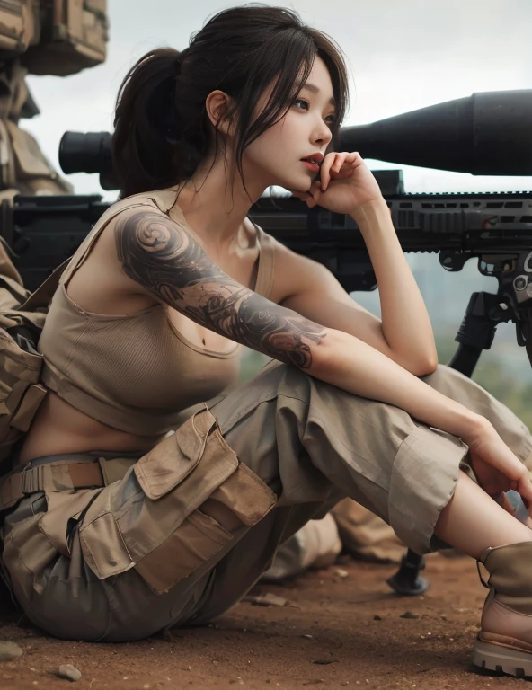 （Modify hair only、Face）Reddish brown hair，Long curly hair，High Ponytail，Red headdress，Red Eyess，Red Eyes，Exquisite eyes，Bright Eyes，Automatic Rifle，Finger Natural，Consistent with human anatomy