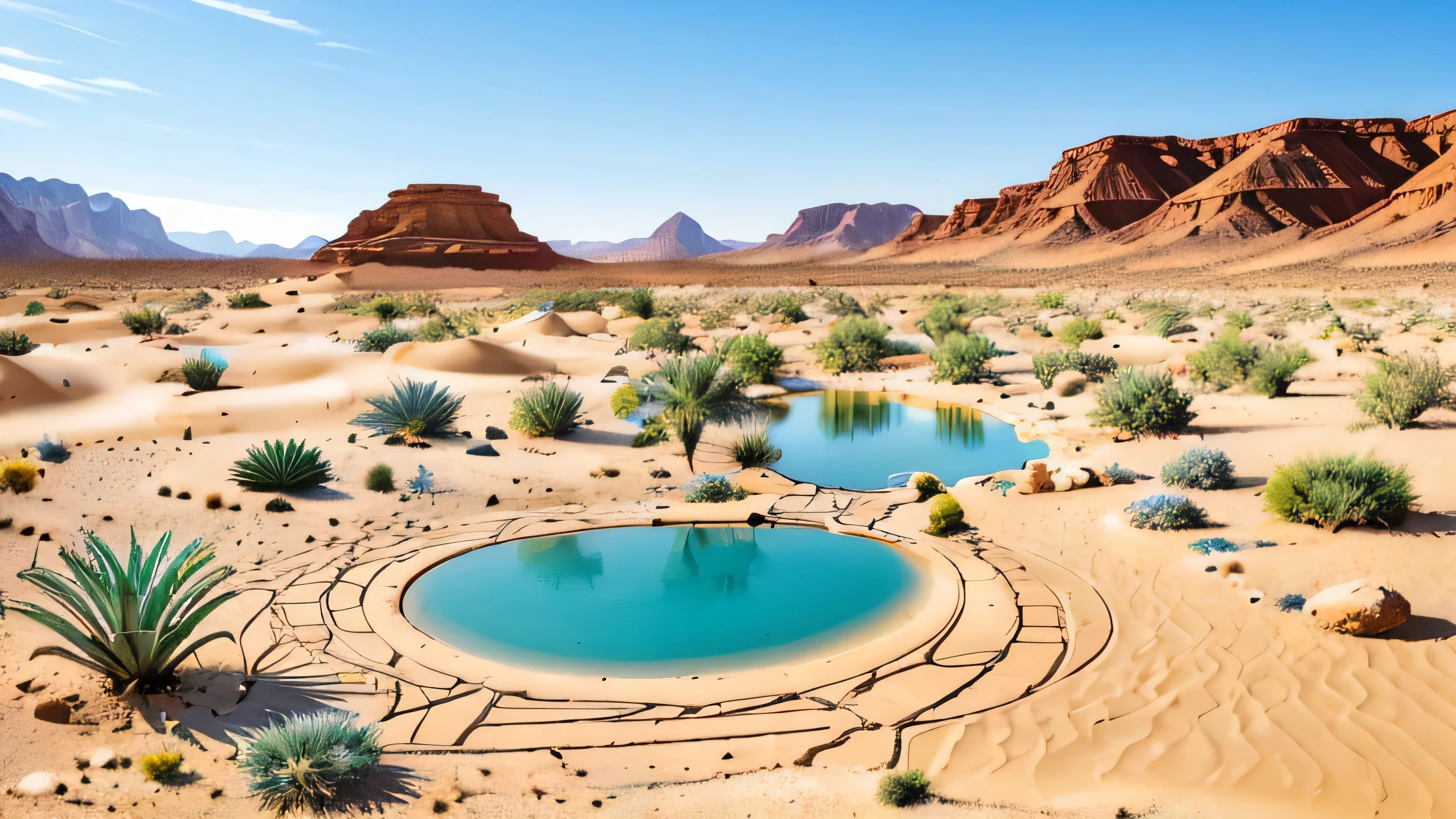 Create an image that illustrates the unique allure and contrast between the harsh desert and a lush oasis. Picture a vast, arid desert with rolling sand dunes under a blazing sun, the landscape defined by its dry, golden sands and sparse vegetation. In stark contrast, depict a vibrant oasis nestled within this desert, teeming with life. This oasis should feature lush greenery, a sparkling blue water pond, and an array of colorful flowers and plants. Palm trees and other verdant foliage should provide shade and a sense of tranquility. The scene should capture the stark difference between the barren desert and the thriving oasis, emphasizing the beauty and rarity of life flourishing in such an inhospitable environment.