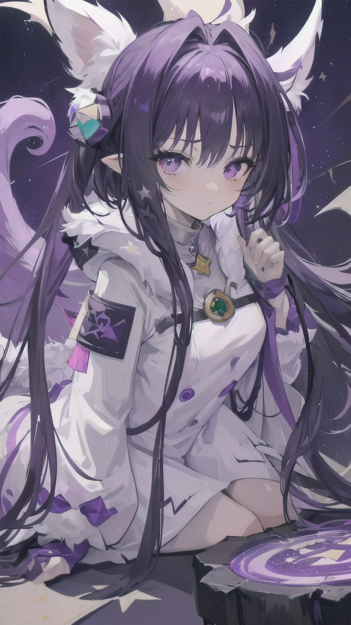 ((((masterpiece, the best quality, ultrahigh resolution)))), 1girl, Genki, hovering, (shaggy, purple-white fur, eartips:2, stars on clothing:2), piercing, golden eyes, pale skin, anywayup, quirky expression, long, tilting flagellum, outerspace background, 3E-size breasts, outstretching hand, arched eyebrows, crouching pose, no smile, (((ultra detailed ears:0.7, detailed beak:0.8)), main, smoky atmosphere, starstudded hair, mysterious, occult ceremonial necklets:2, leaning forward, portraiture-centric, aged younger:20, sitting on a (translucent,cosmic) orbeseat.heHint('chibi-feel'),Just for start-ups Similar to but not Chibi'