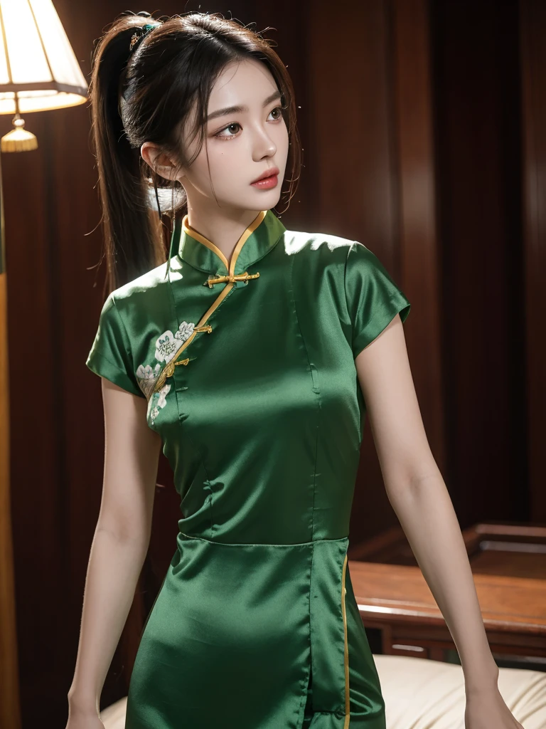 korean model , slim body , medium breasts, 167cm ,Movie Angle,long black ponytails hairstyle, (Cute girl,anatomy correct,masterpiece light green silk chinese qipao with short sleeves,( art,geomerty),(plethora of colorest quality,high detail,tmasterpiece,Cinematic lighting effects,4K,Chiaroscuro , standing with a hankerchief, Chinese Mansion)