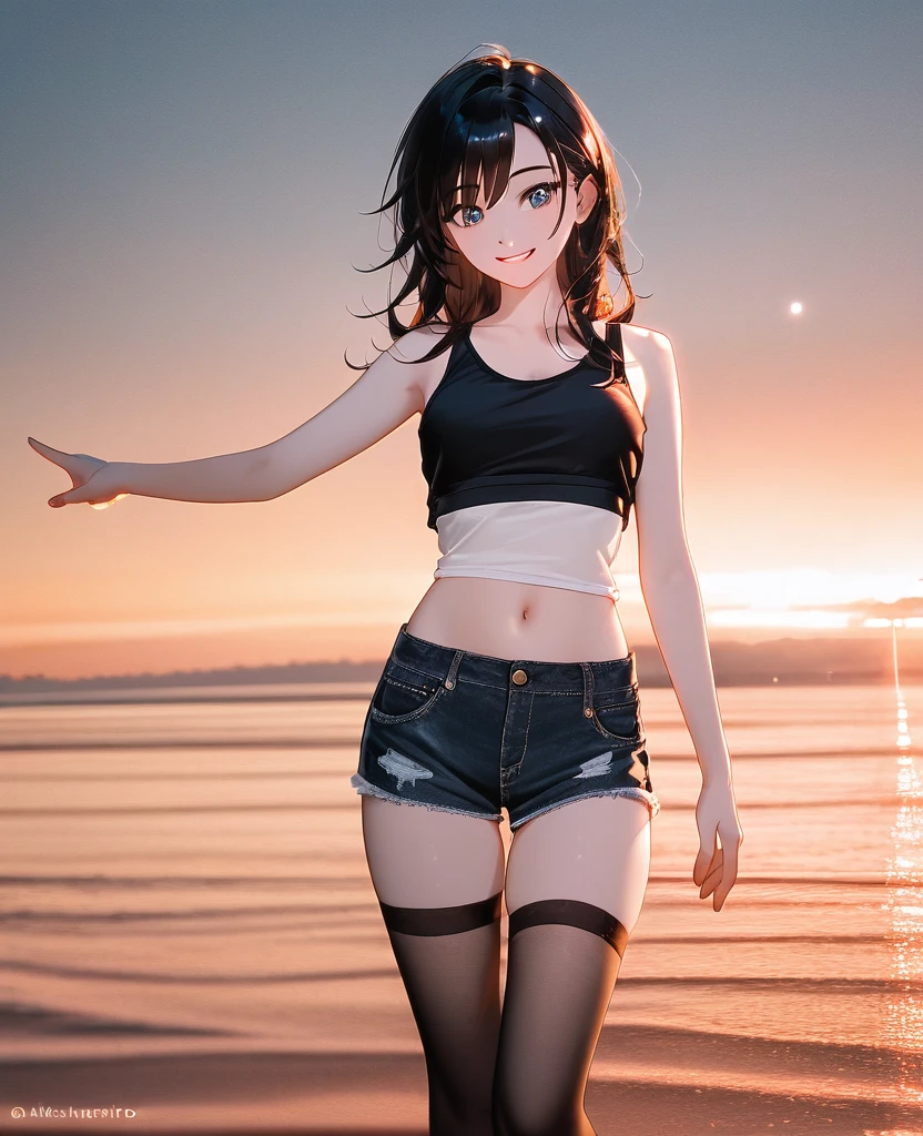 score_9, score_8_Excellent, One girl, Photo Model, smile, Focus on your audience, Beautiful lighting, Highest quality, masterpiece, Ultra-high resolution, Black Hair, Short tank top, Shorts, Long Stockings, Medium chest, White skin,( Sunset background:1.4)