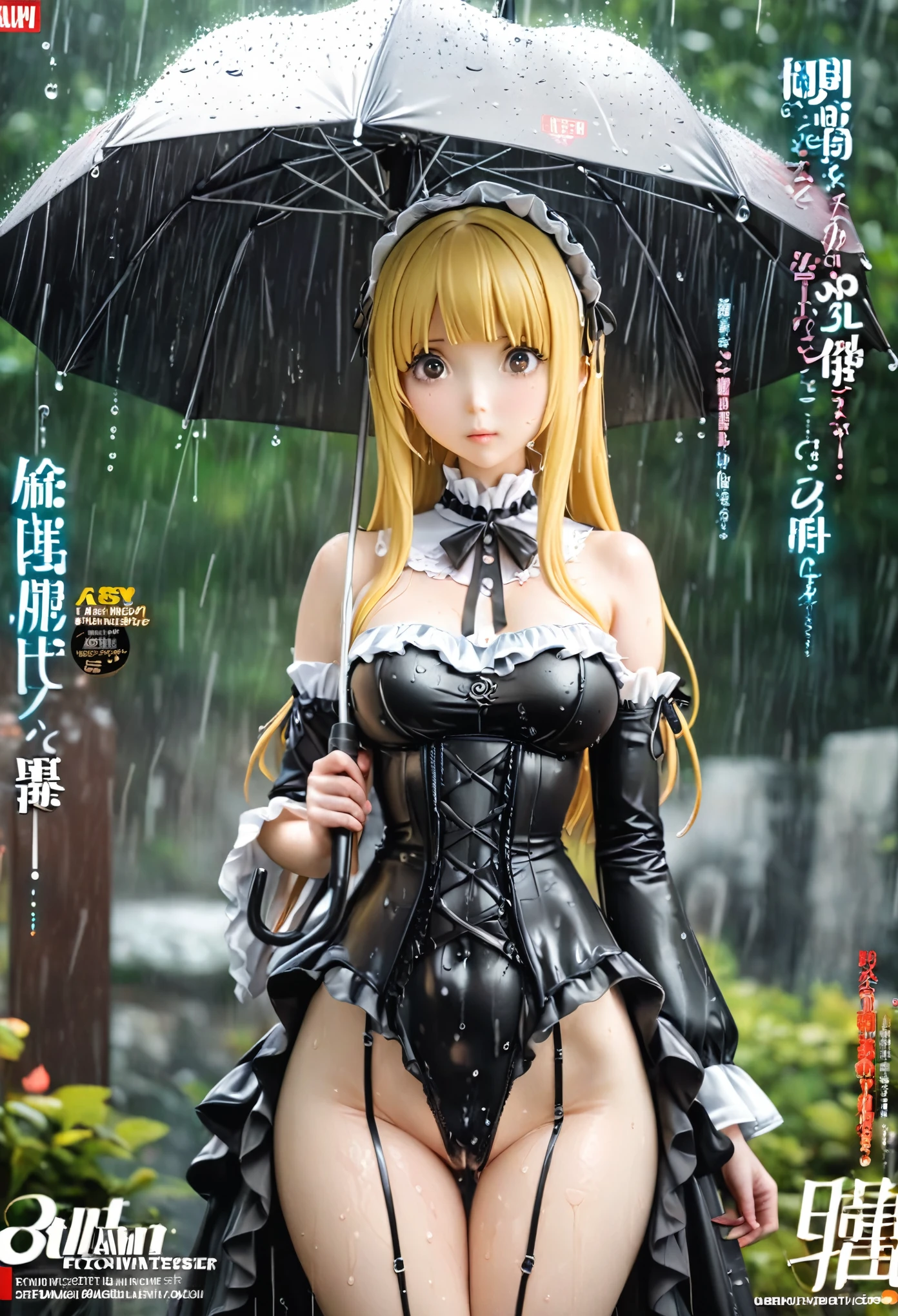 Magazine cover(masterpiece, best quality:1.2), 1 girl holding an umbrella, solitary，Wet body，blond（（Exquisite eyes））（（gothic_Lolita））outdoor，rain（HD）（（best quality））， （（Surrealism））