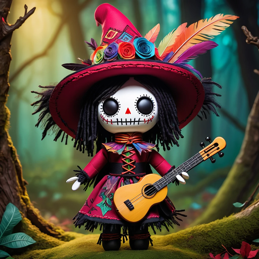 (knitted toy voodoo doll:1.7), (Voodoo Enchanted Bard:1.3), (Clothing: vibrant tunic with musical notes, magical cloak with melody patterns:1.0), (Accessories: enchanted lute, music scroll, feathered hat:1.2), (background: lively forest glade with floating musical notes, magical creatures dancing to the music:1.2), best quality, masterpiece, detailed soft oil painting, detailed background, dramatic cinematic lighting, soft edge lighting, professional, dramatic lighting, hard edge lighting, ultra quality, 4k,masterpiece, best quality, 8k, ultra highres, highres, extremely detailed