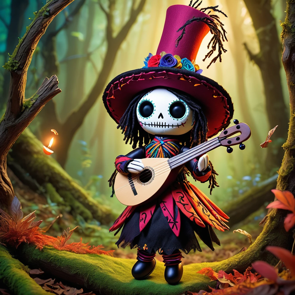 (knitted toy voodoo doll:1.7), (Voodoo Enchanted Bard:1.3), (Clothing: vibrant tunic with musical notes, magical cloak with melody patterns:1.0), (Accessories: enchanted lute, music scroll, feathered hat:1.2), (background: lively forest glade with floating musical notes, magical creatures dancing to the music:1.2), best quality, masterpiece, detailed soft oil painting, detailed background, dramatic cinematic lighting, soft edge lighting, professional, dramatic lighting, hard edge lighting, ultra quality, 4k,masterpiece, best quality, 8k, ultra highres, highres, extremely detailed