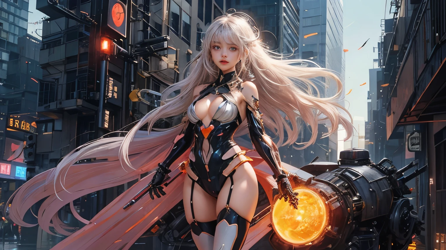 white  hair、Silver hair with pink gradients、long fluttering hair、strong breeze、Orange Eyes、radiant eyes、Evangelion Girl、small 、Bree small and B size、The face and chest are alive、Cleavage ie。photoRealstic、portfolio、Evangelion-style metal mecha suit、an oppai cyberpunk、Gothloli detailetalic、detailed mechanical components、Bundle of thin tubeetal cylinder、Detailed neon、Fine LED、Top quality microcomponents、Delicate orange and black suit wrapped in machine、A large mechanical weapon protecting her in the background、Hair that flutters in the wind、full body